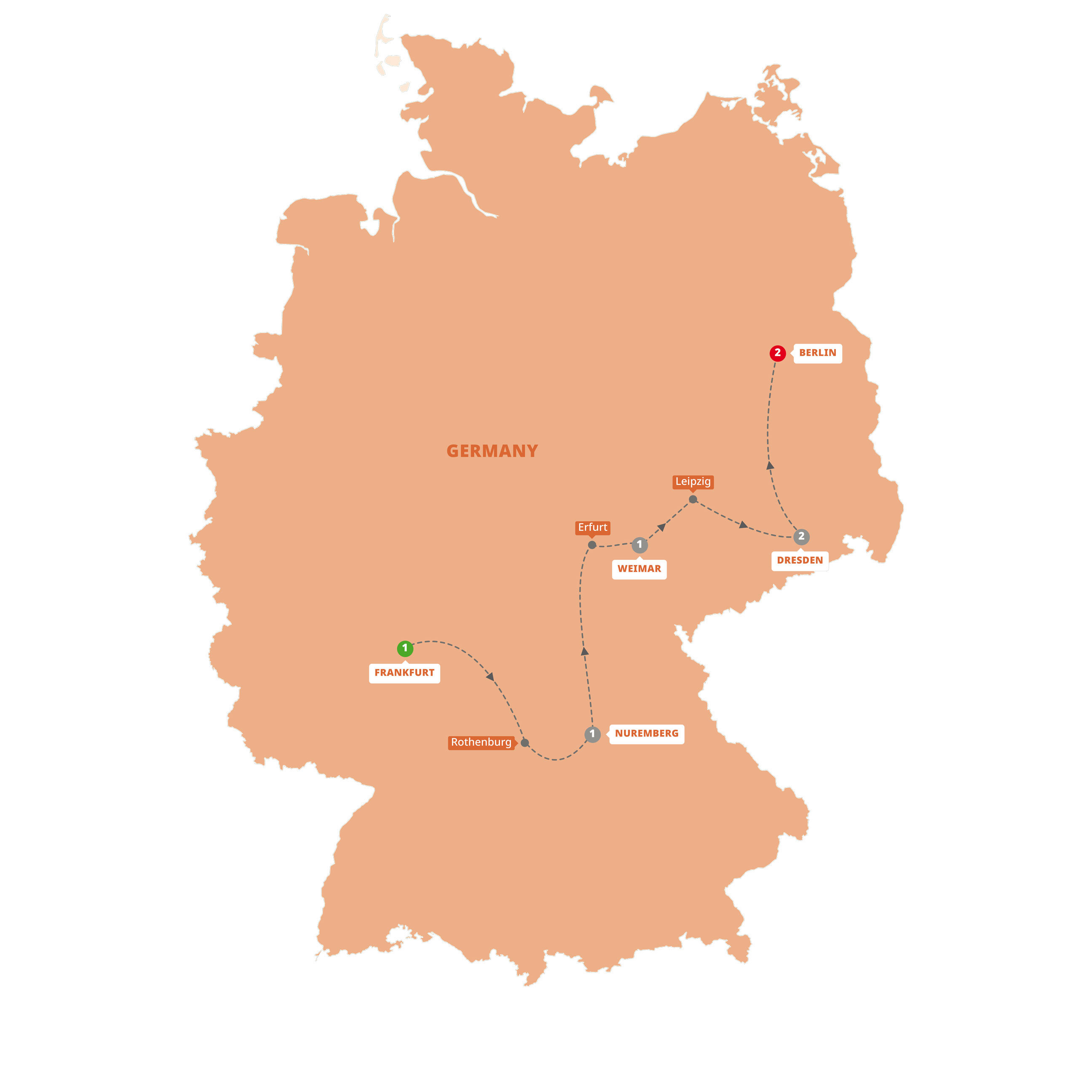A map highlighting different stops on the Trafalgar German Christmas Markets tour