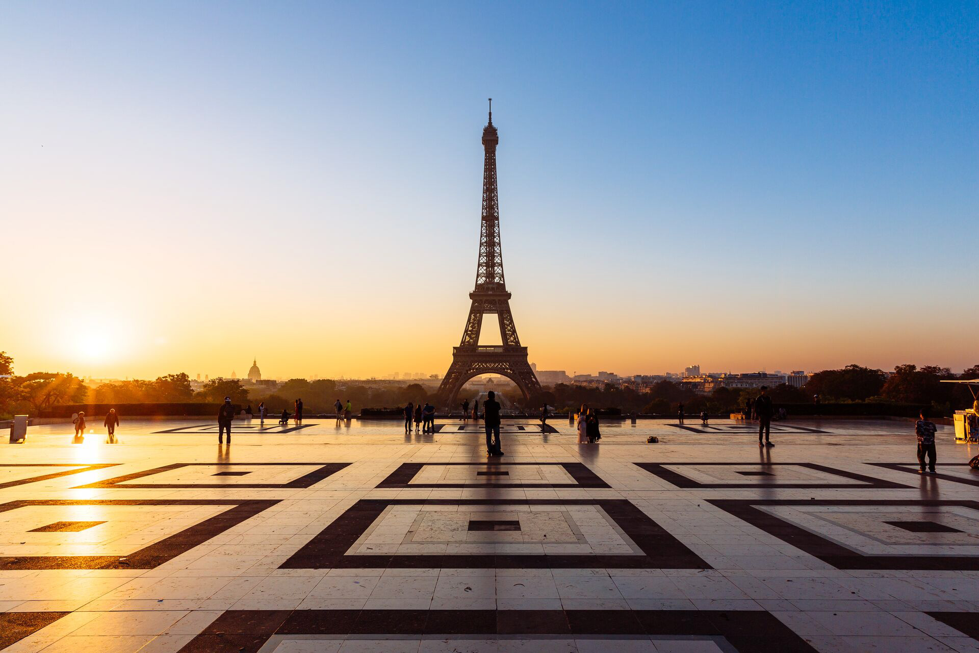Eiffel Tower at Trocadero Square in Paris, France at sunrise