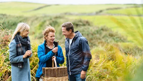 Three people standing on a field in Ireland with a picnic basket