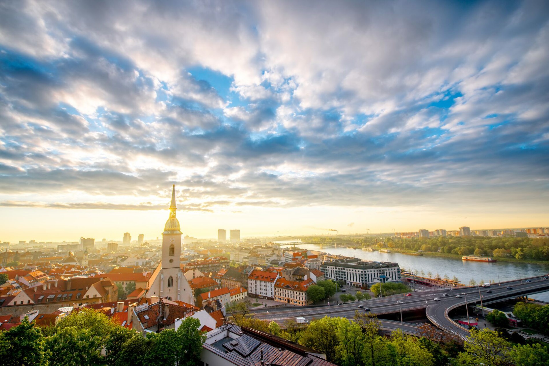 Aerial view of Bratislava Old Town with river and bridge in Slovakia 