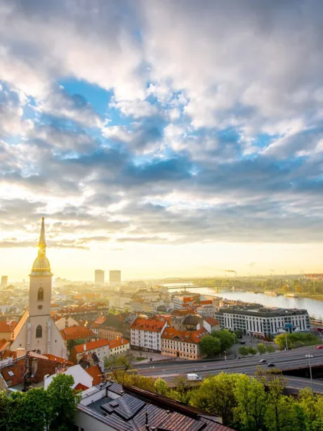 Aerial view of Bratislava Old Town with river and bridge in Slovakia