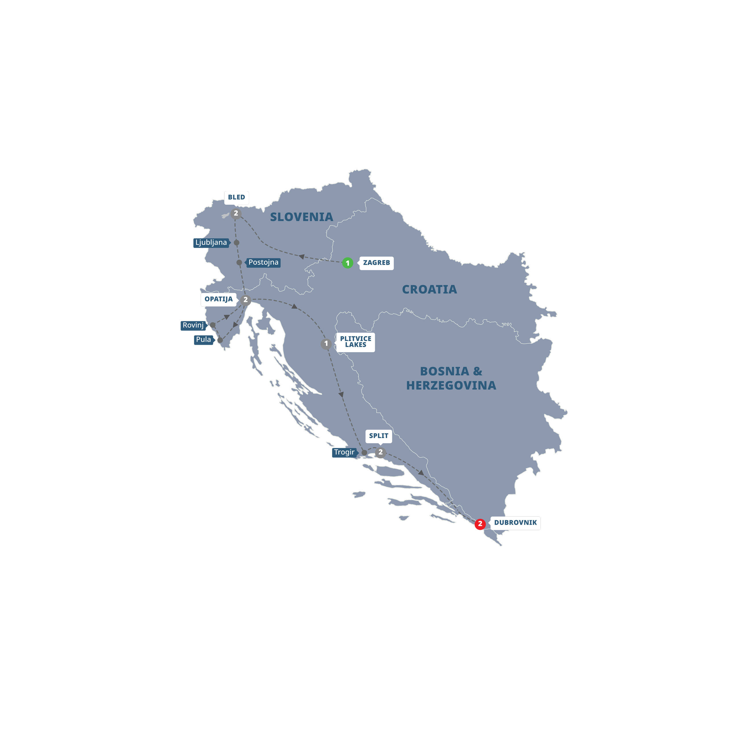 A map highlighting different stops on the Trafalgar's Best of Croatia and Slovenia tour