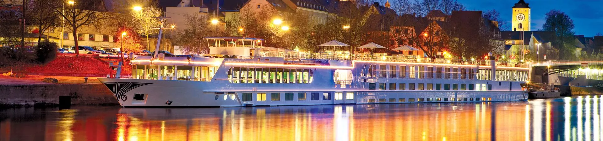 Exterior of ship on the Danube in the evening
