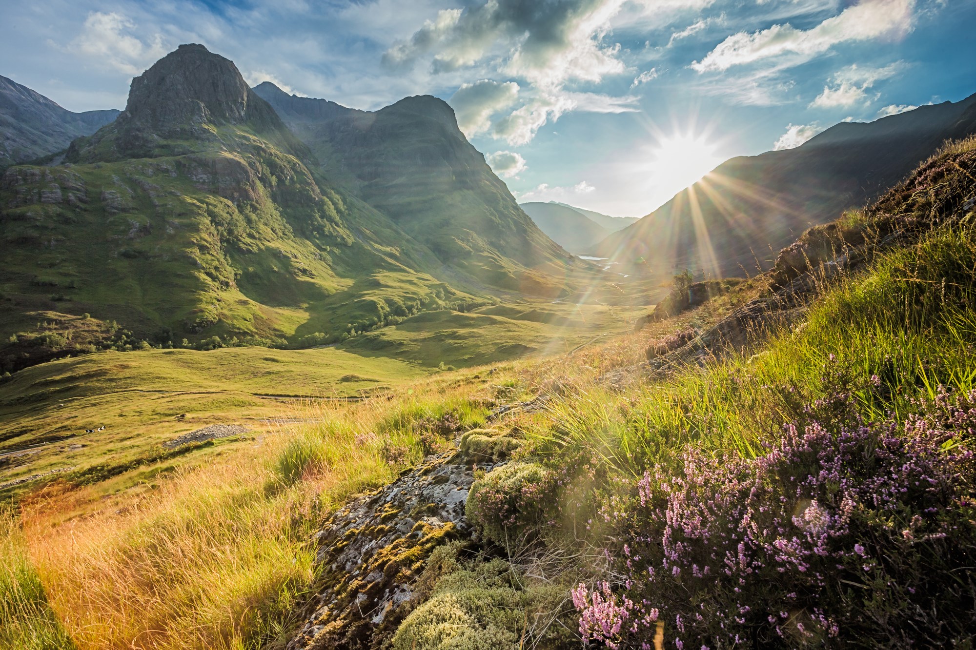 Scenic valley below the mountains of Glencoe, Highlands, Scotland