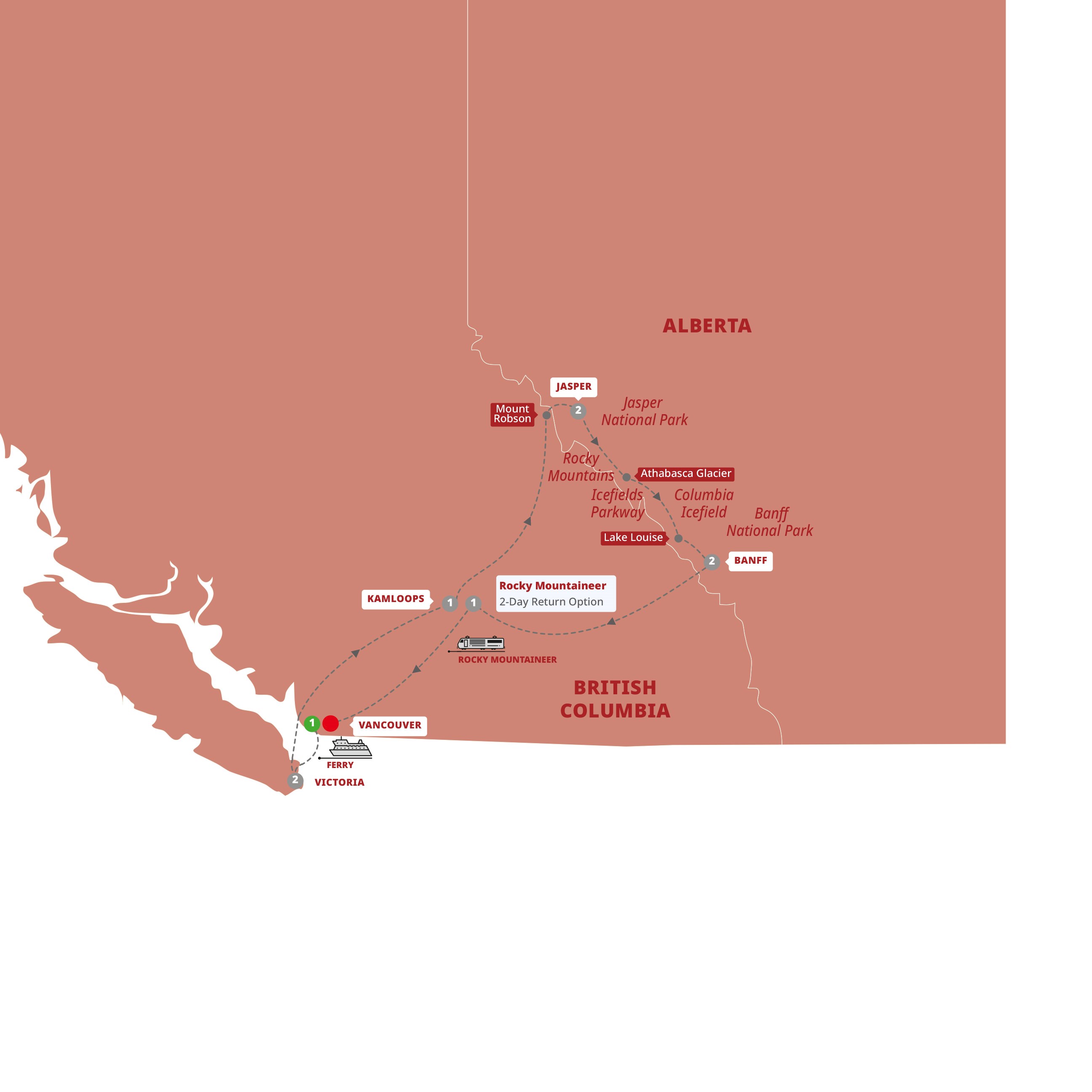 Spectacular Canadian Rockies Rocky Mountaineer Guided Tour Map