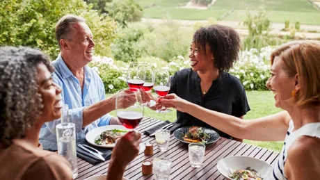 Guests toasting each other while trying wine at Josef Chromy Wines Launceston in Tasmania, Australia