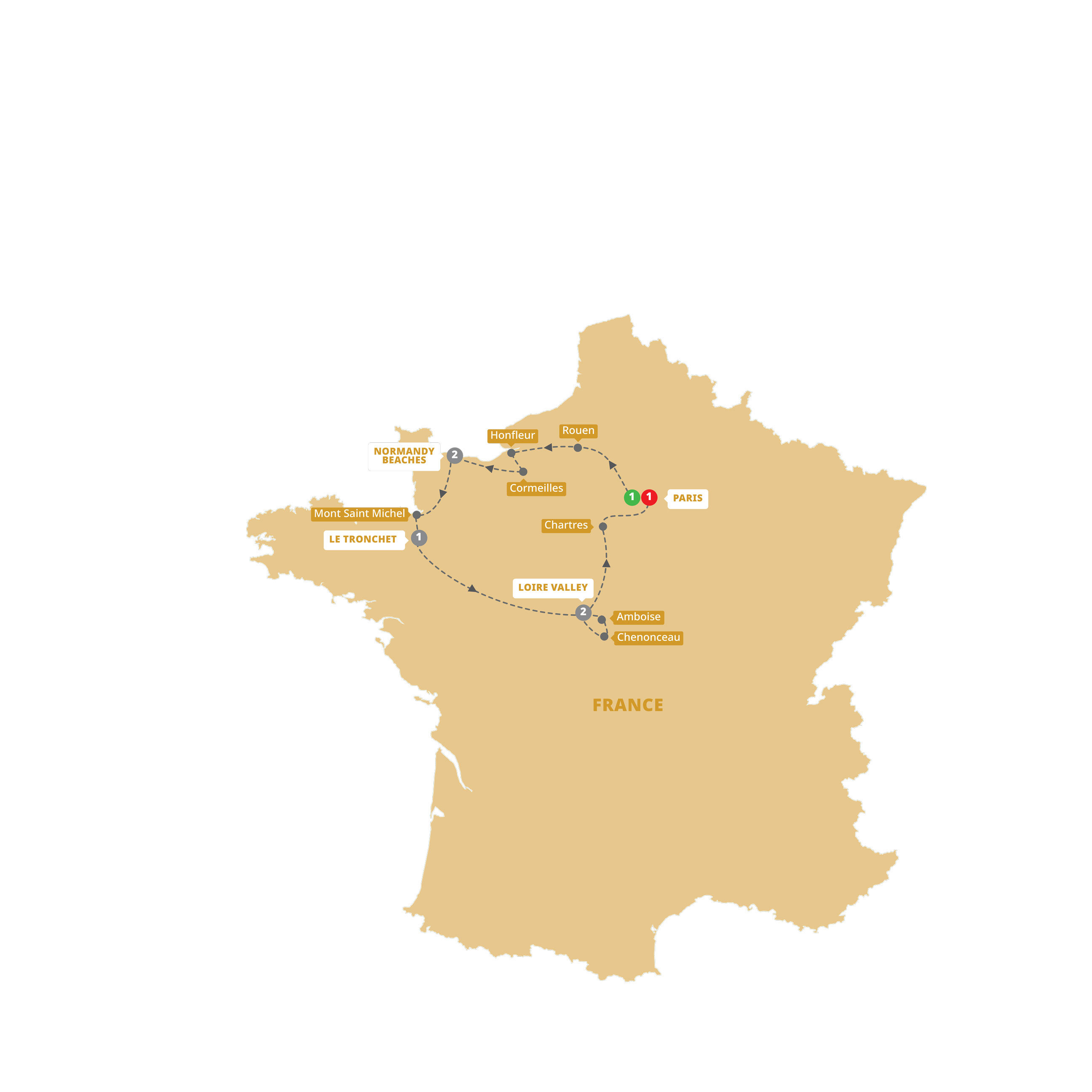 A map highlighting different stops on the Trafalgar's Treasures of France Including Normandy tour