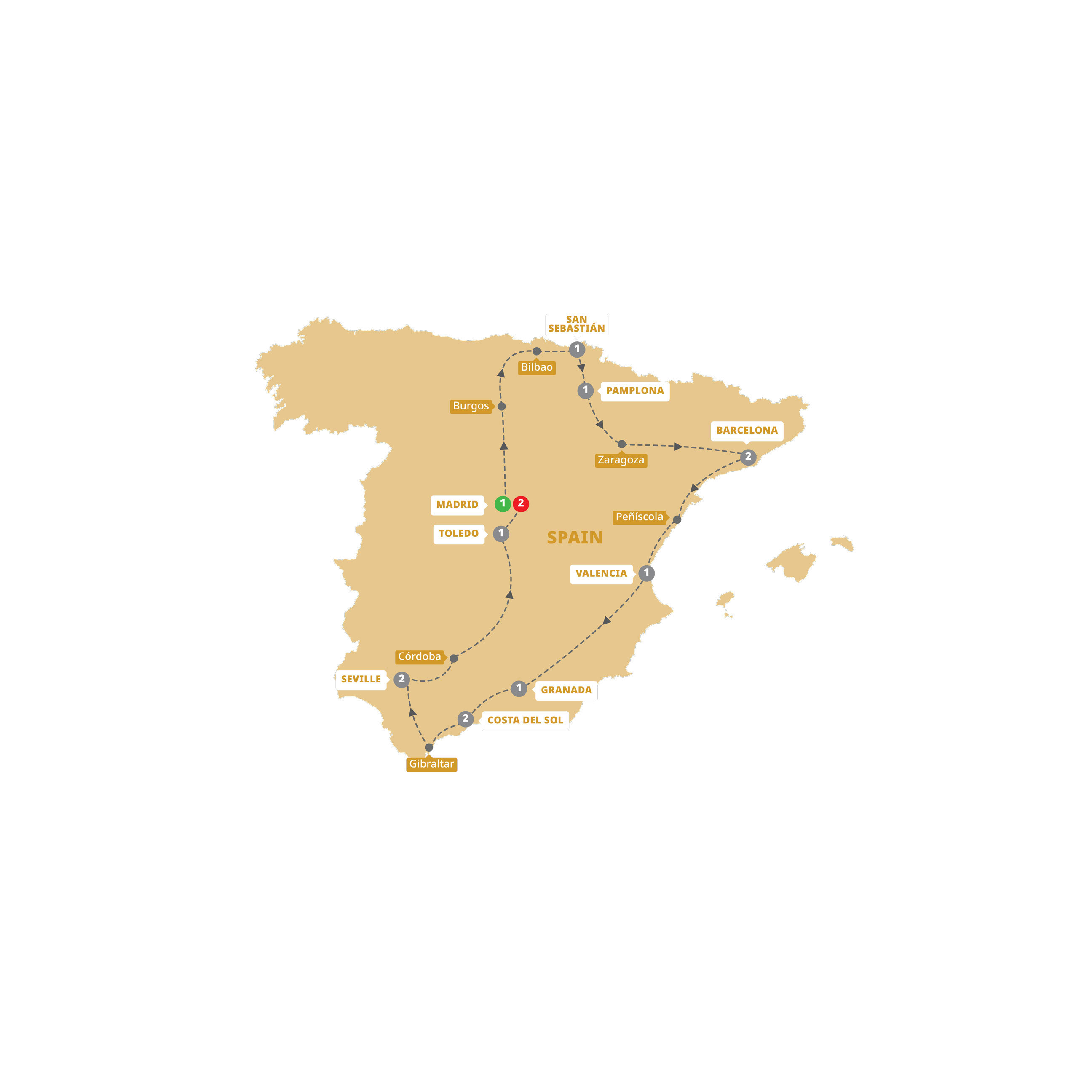 A map highlighting different stops on the Trafalgar's Best of Spain tour