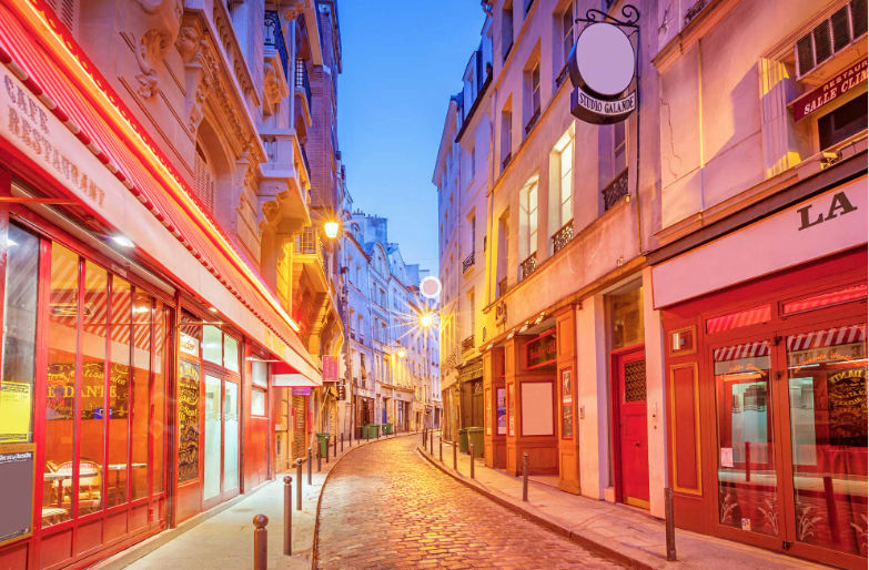 Street view of the Latin Quarter in Paris, France