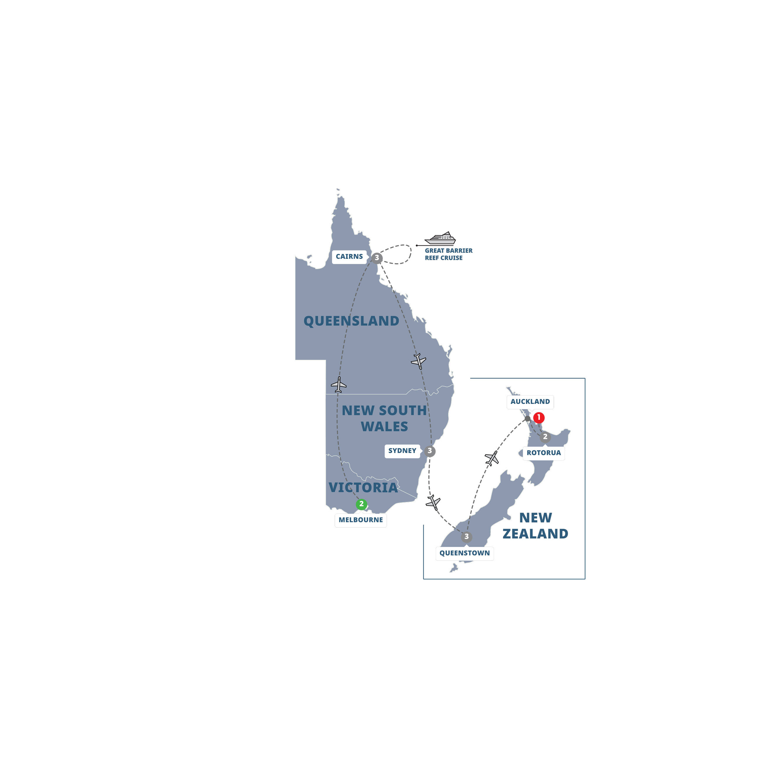 Australia New Zealand Panorama Guided Tour Map 2025