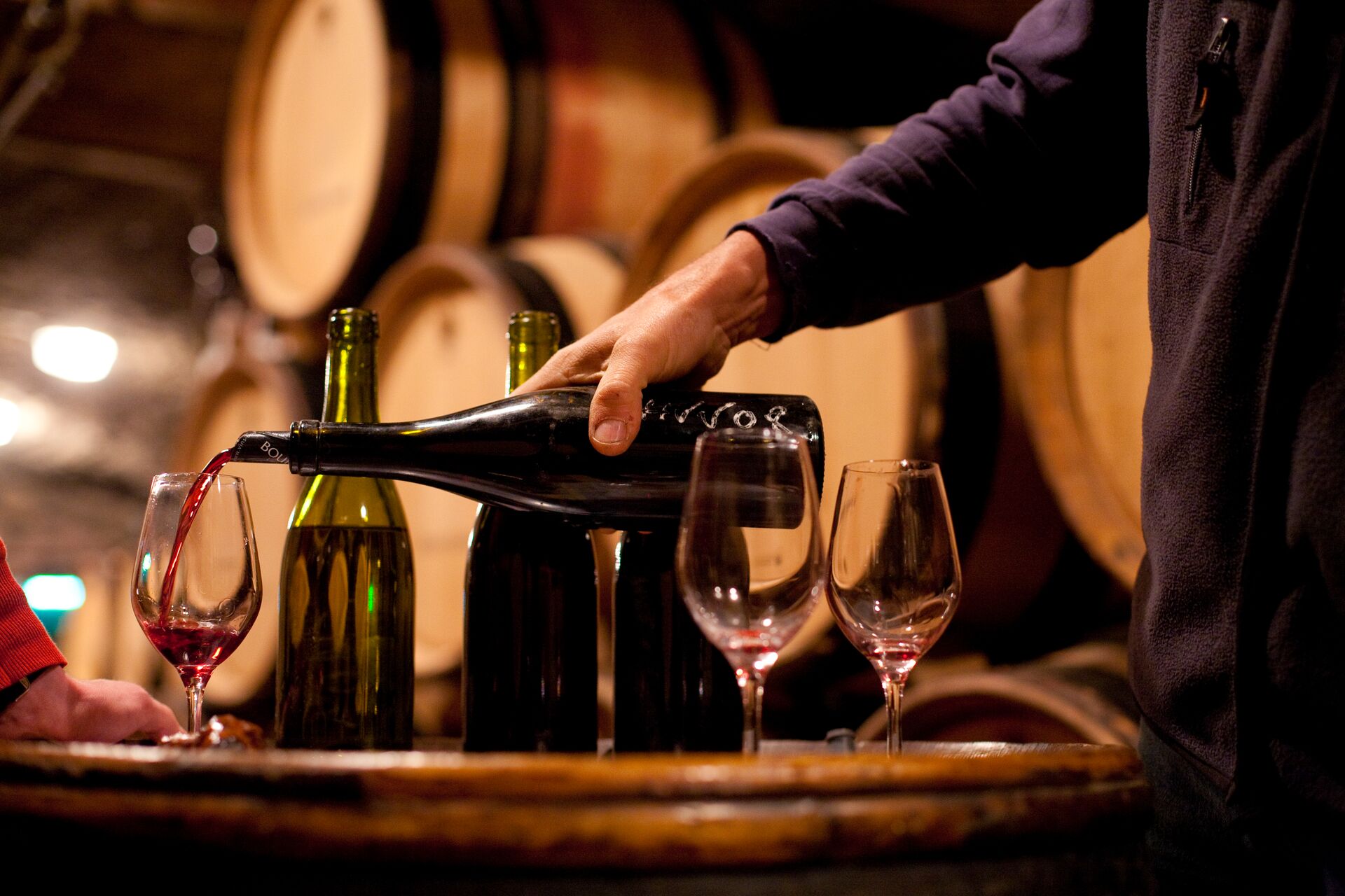 Man pouring red wine at a wine tasting with barrels in the background