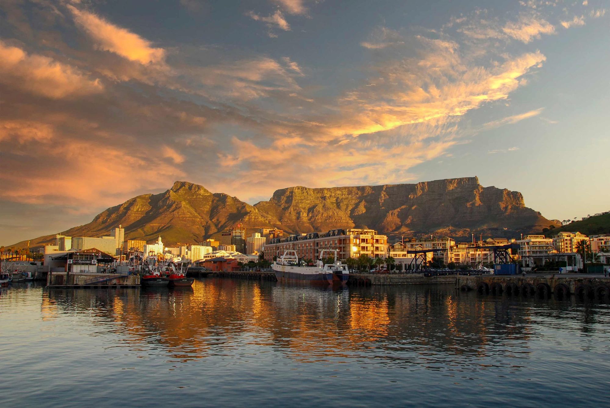 Seaside buildings in Cape Town in Table Bay, South Africa