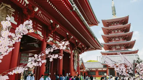People standing in front Sensoji Buddhist temple in Taitō, Japan