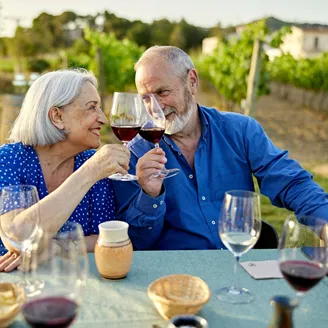 Older couple toasting each other while on a wine tasting