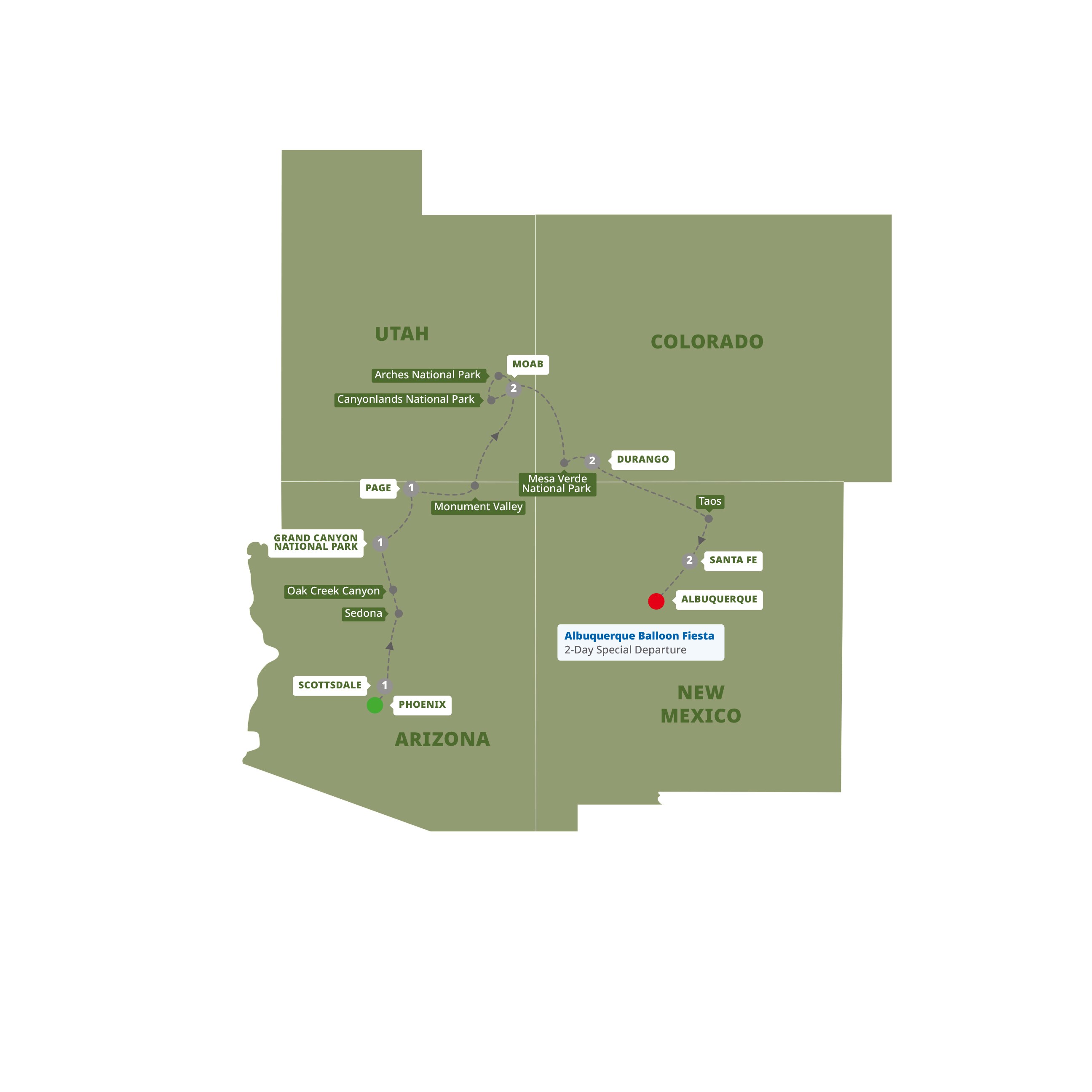 Colorful Trails Southwest Phoenix Albuquerque Guided Tour Map