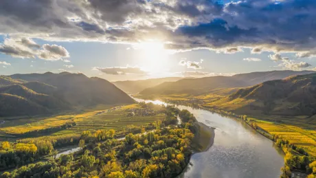 Autumn Wachau valley (UNESCO) during sunset with Danube river near the Durnstein village in Lower Austria, Austria