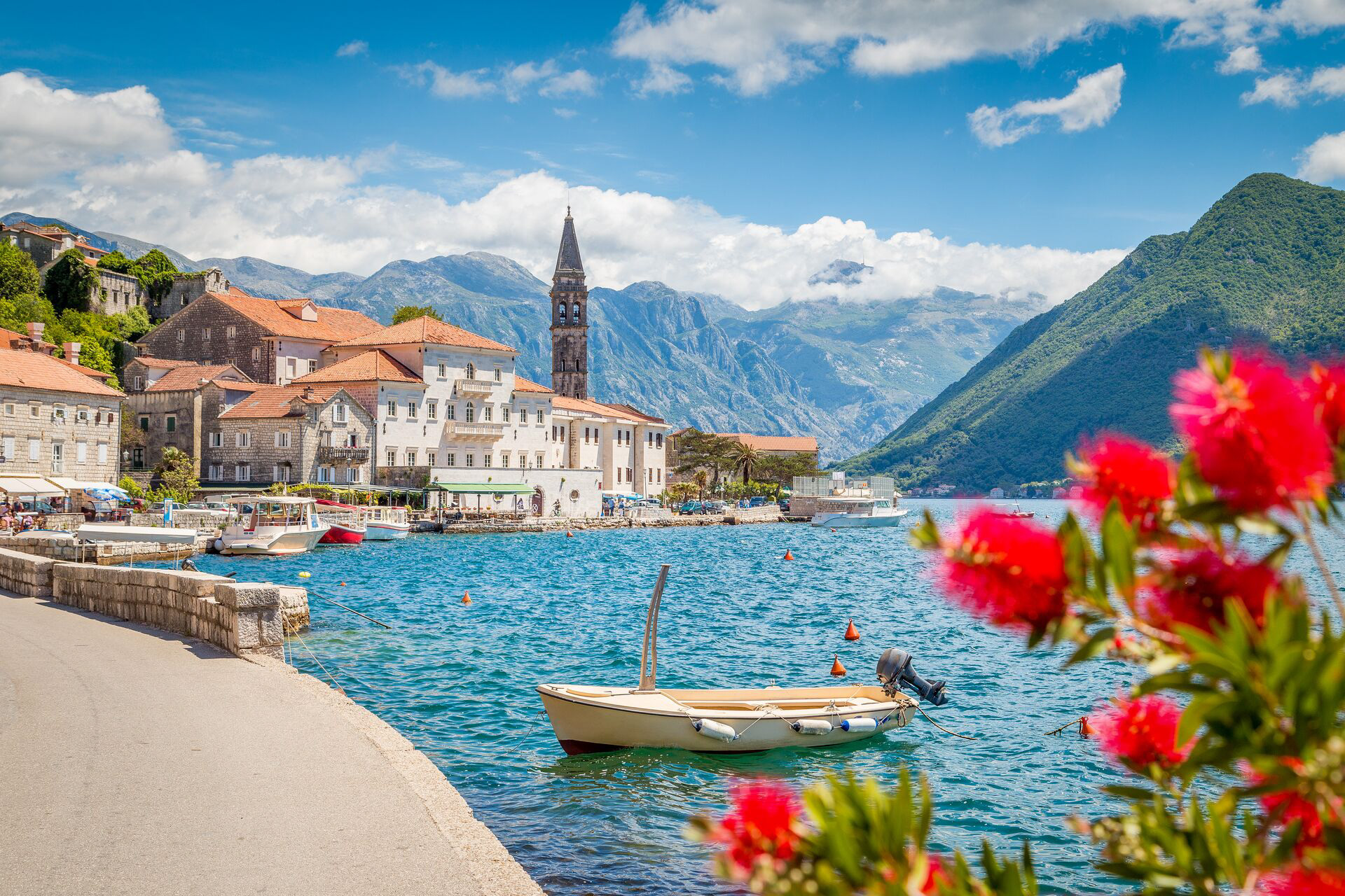 Historic town of Perast at Bay of Kotor in summer, Montenegro