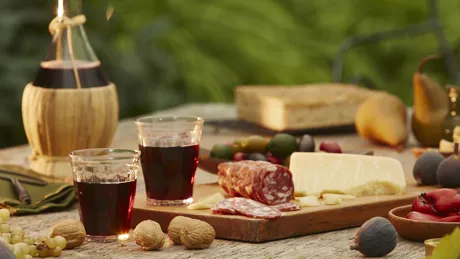 Wine, local cheeses and meats spread on a wooden table in Italy