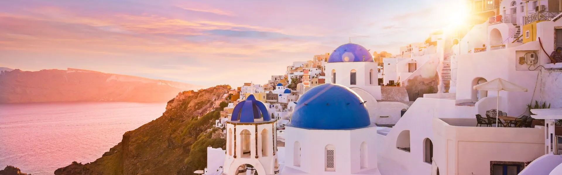 Large Sunset View Of The Blue Dome Churches Of Santorini, Greece 900706462