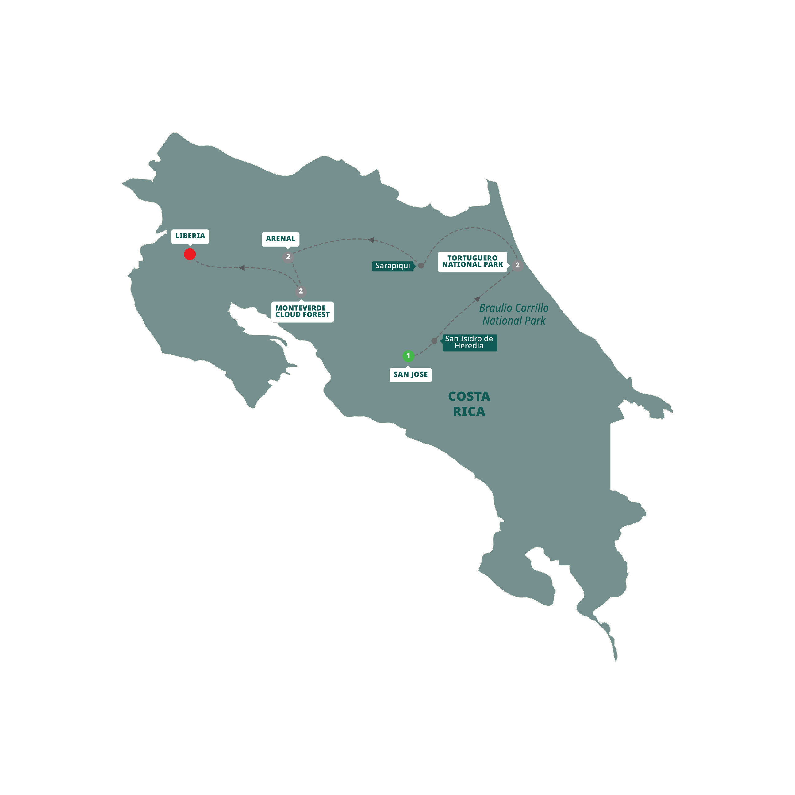 Costa Rica Eco Adventure San Jose Liberia Guided Tour Map 2026