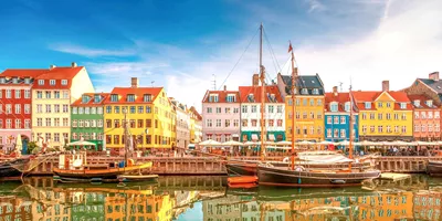 Boats along a canal in Copenhagen, Denmark