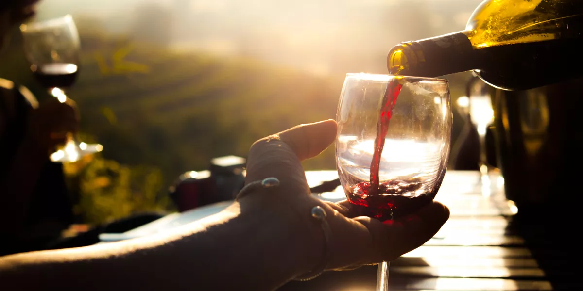 Hand holding glass filled with Italian wine