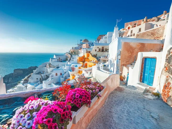 Picturesq View Of Traditional Cycladic Santorini Houses On Small Street With Flowers In Foreground Location Oia Village Santorini. Greece
