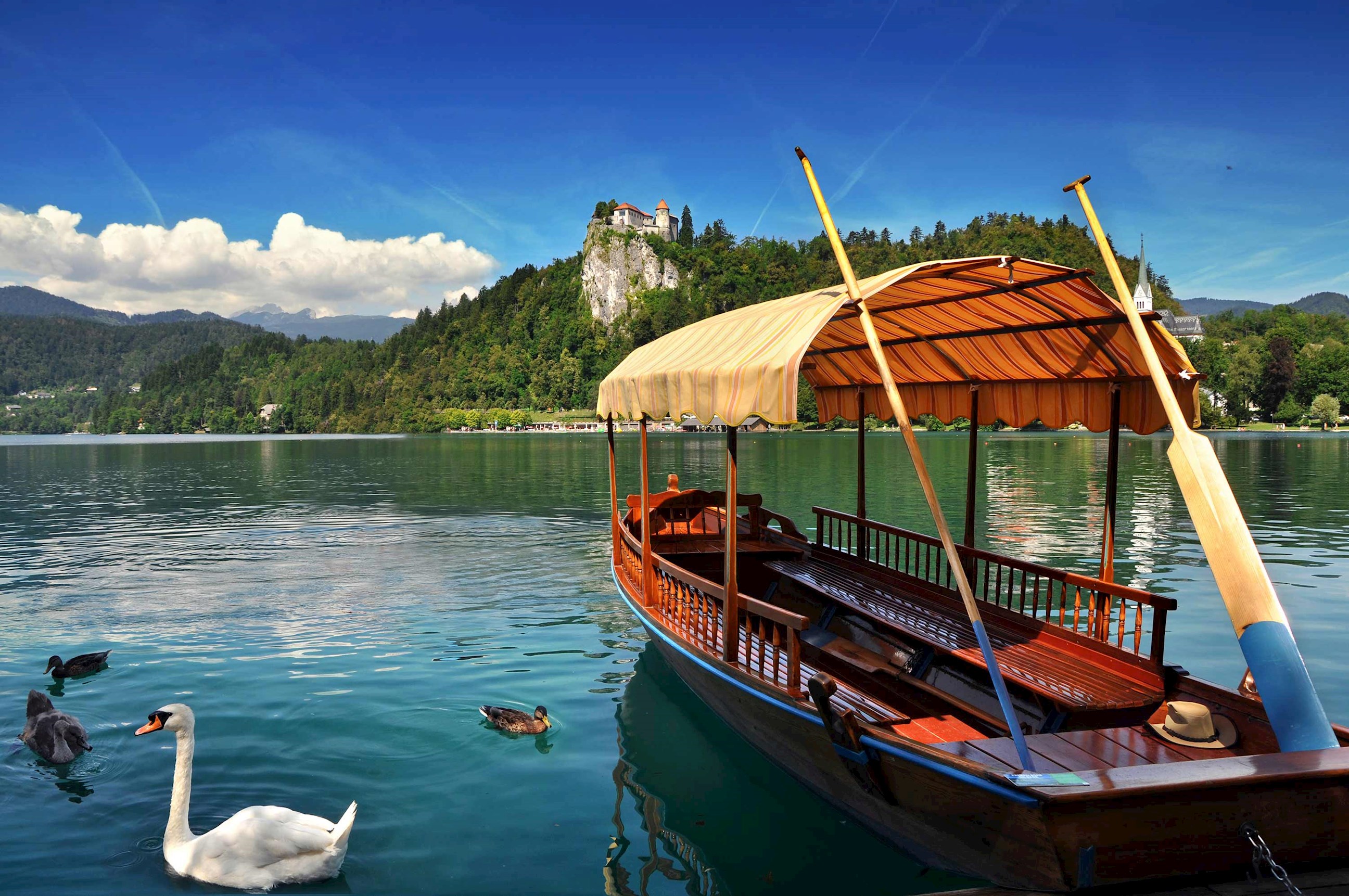A boat on Lake Bled in the Slovenian Countryside
