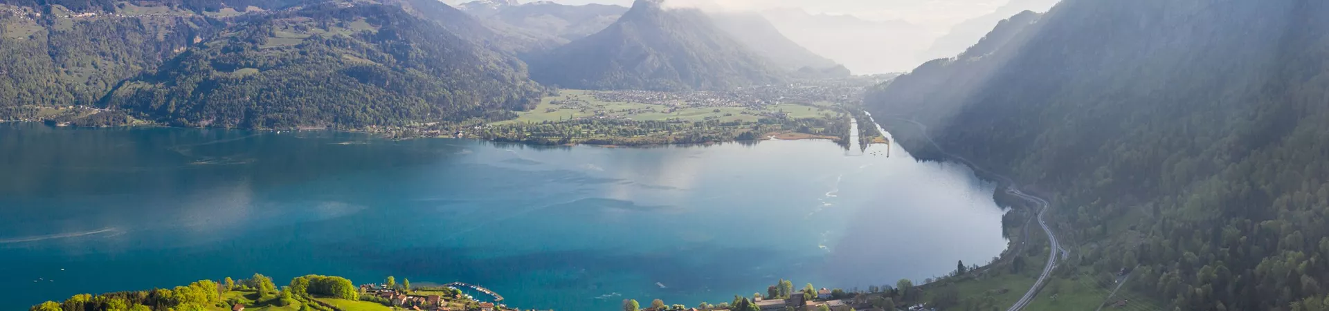 Stunning view of Lake Thun in the Berner Oberland on an early morning In Switzerland