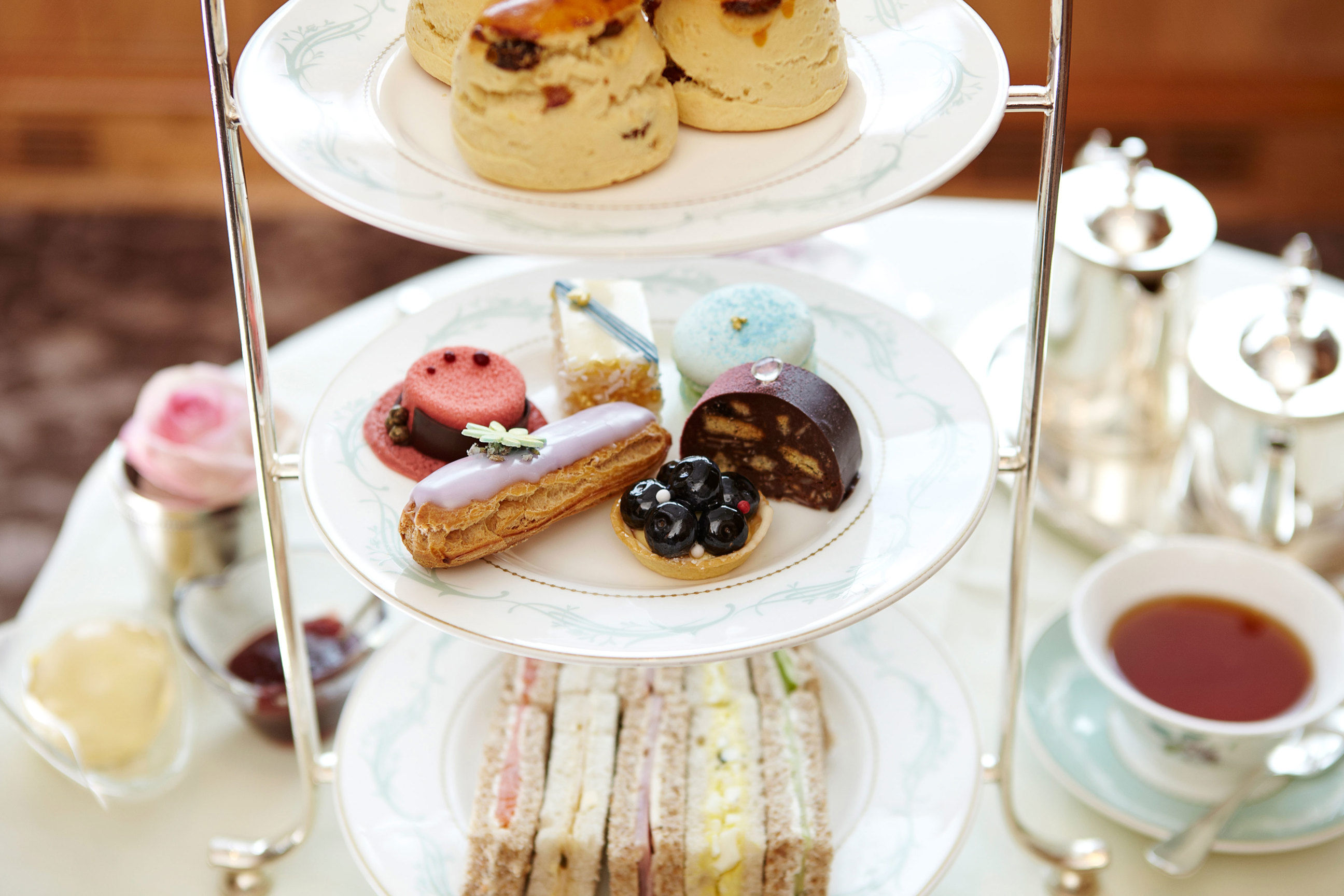 An afternoon tea display at the Milestone Hotel in London, England