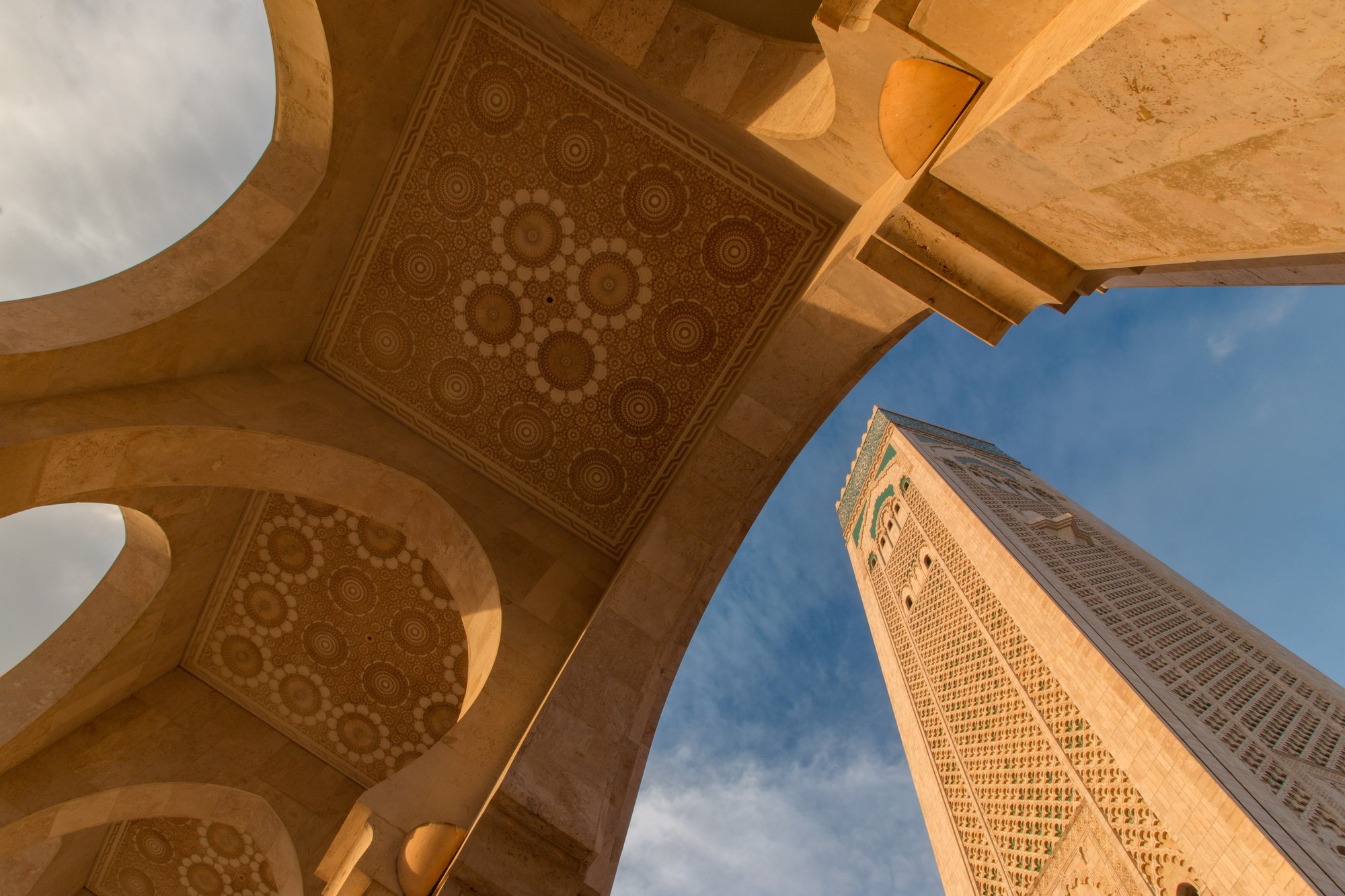 Arch and minaret view of Mosque Hassan II in Casablanca, Morocco