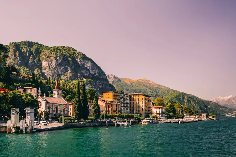 Small town at Lake Como with mountains in the background
