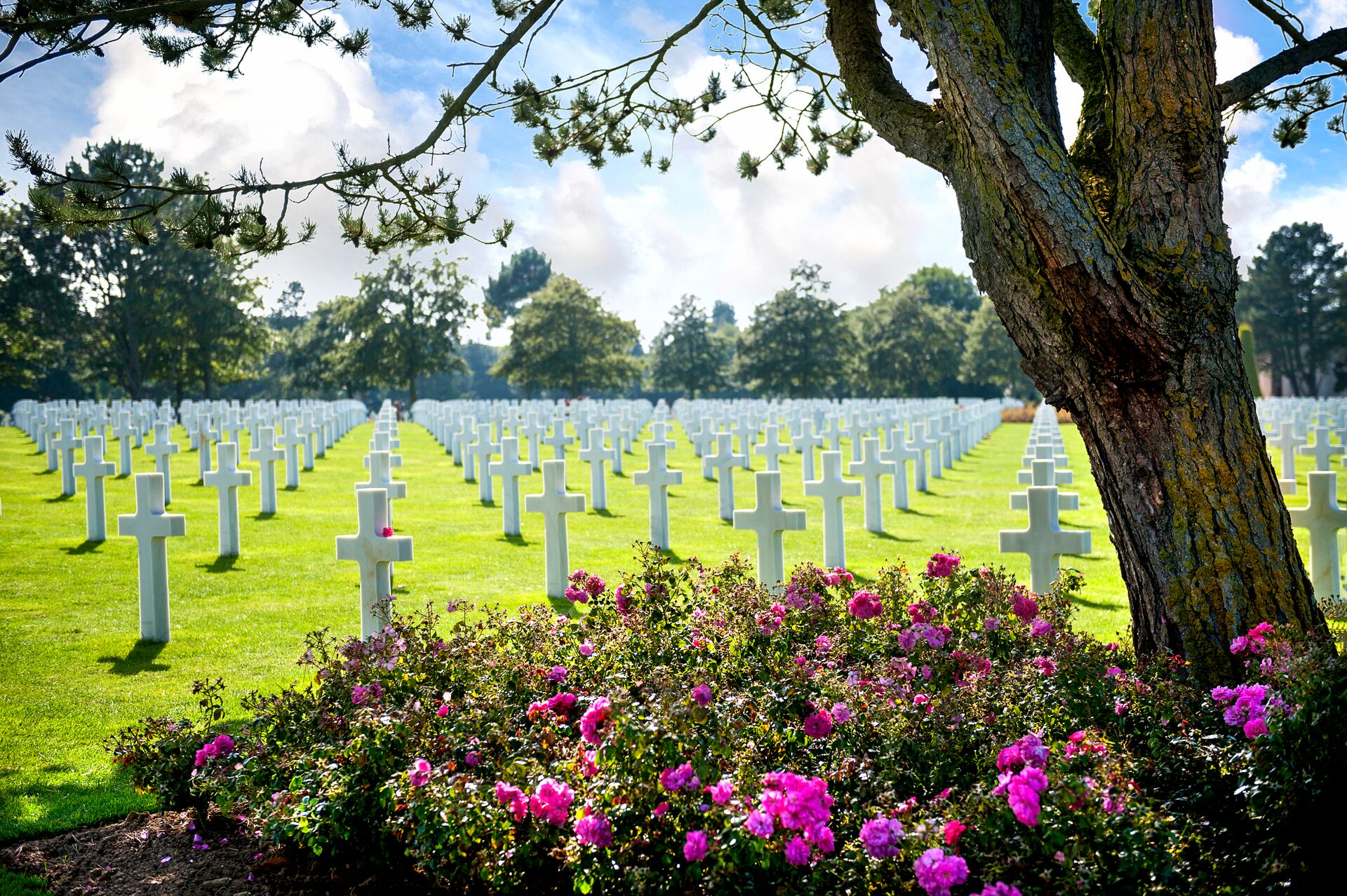 The American World War II cemetery in Colleville Sur Mer, Normandy on a sunny day in France