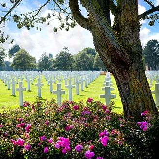 The American World War II cemetery in Colleville Sur Mer, Normandy on a sunny day in France