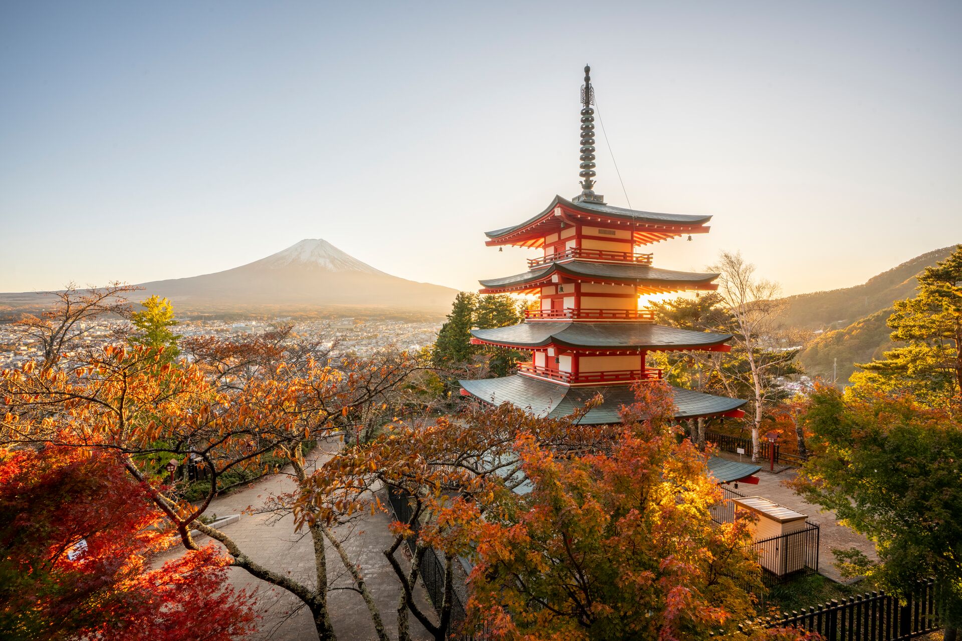 Chureito Pagoda and Fuji Mountain at sunset during fall, Japan