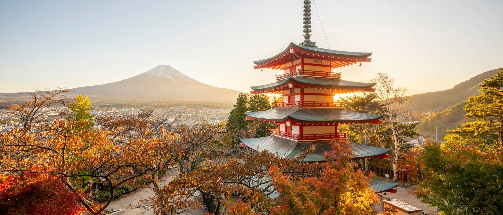 Chureito Pagoda and Fuji Mountain at sunset during fall, Japan