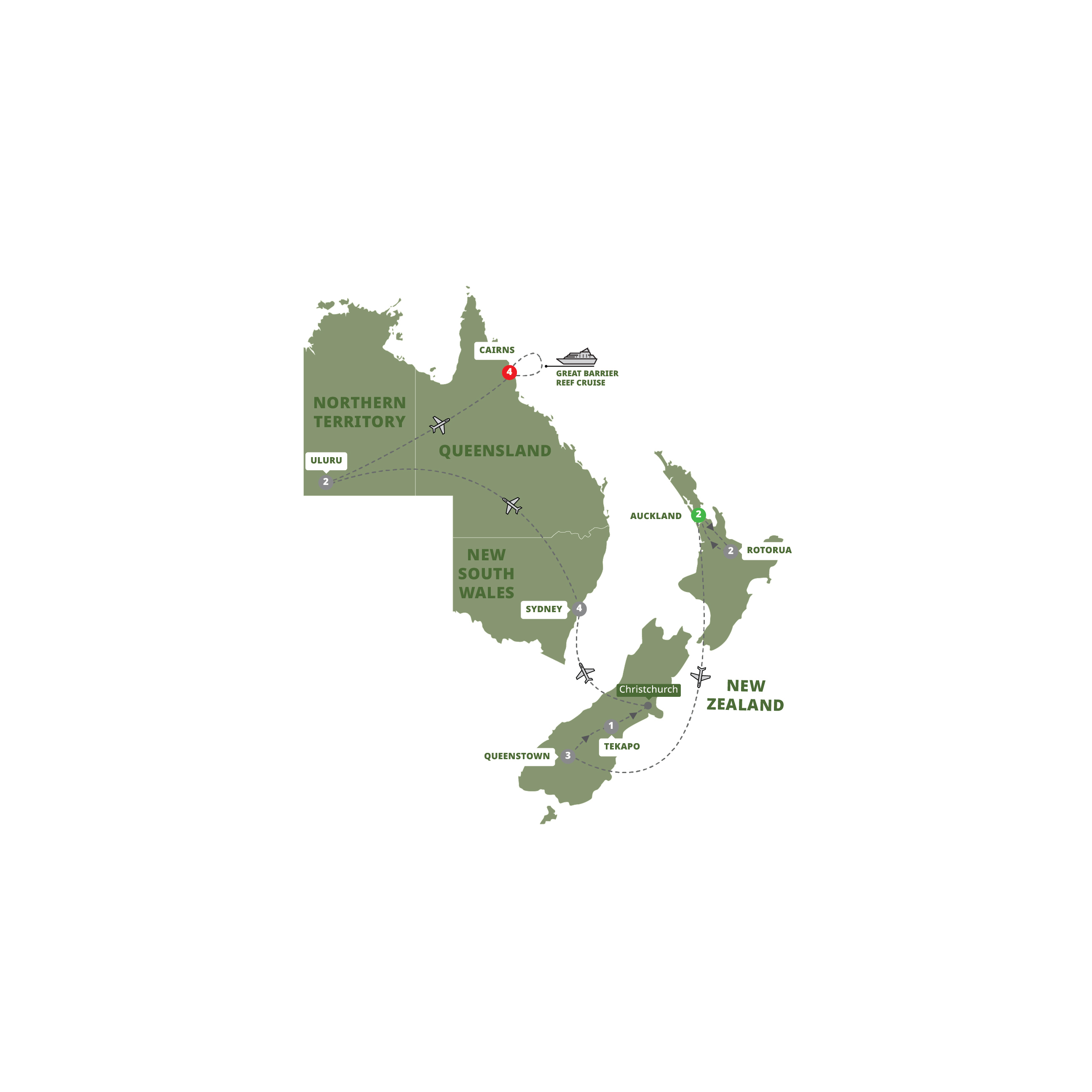 Bucket List New Zealand and Australia Guided Tour Map 2024 CSNZAU