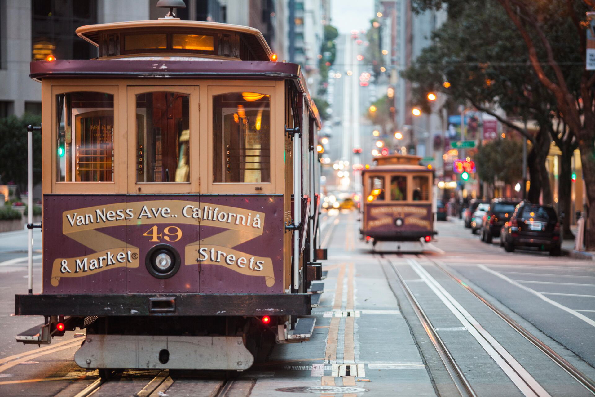 Cable Cars On City Street, San Francisco, California, USA