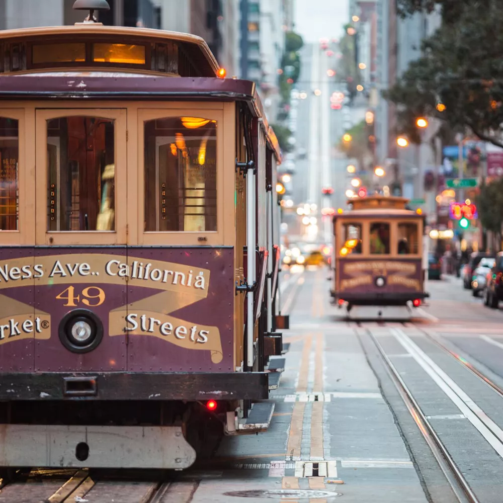 Cable Cars On City Street, San Francisco, California, USA