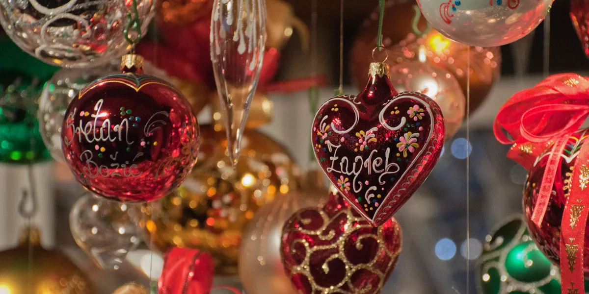 Close up shot of Christmas decorations at a traditional German Market
