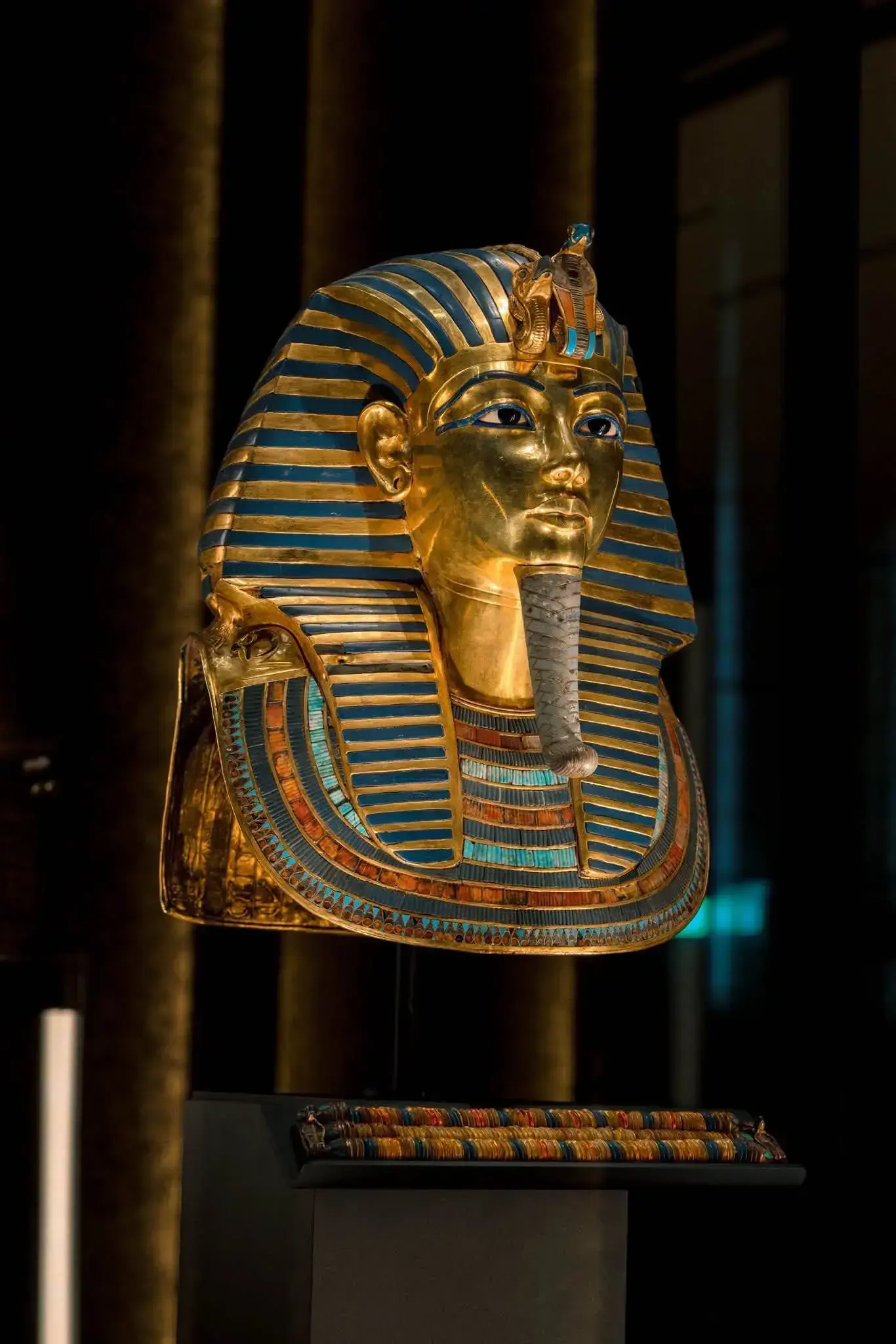 Golden funerary mask of Tutankhamun displayed at the Grand Egyptian Museum in Cairo, Egypt
