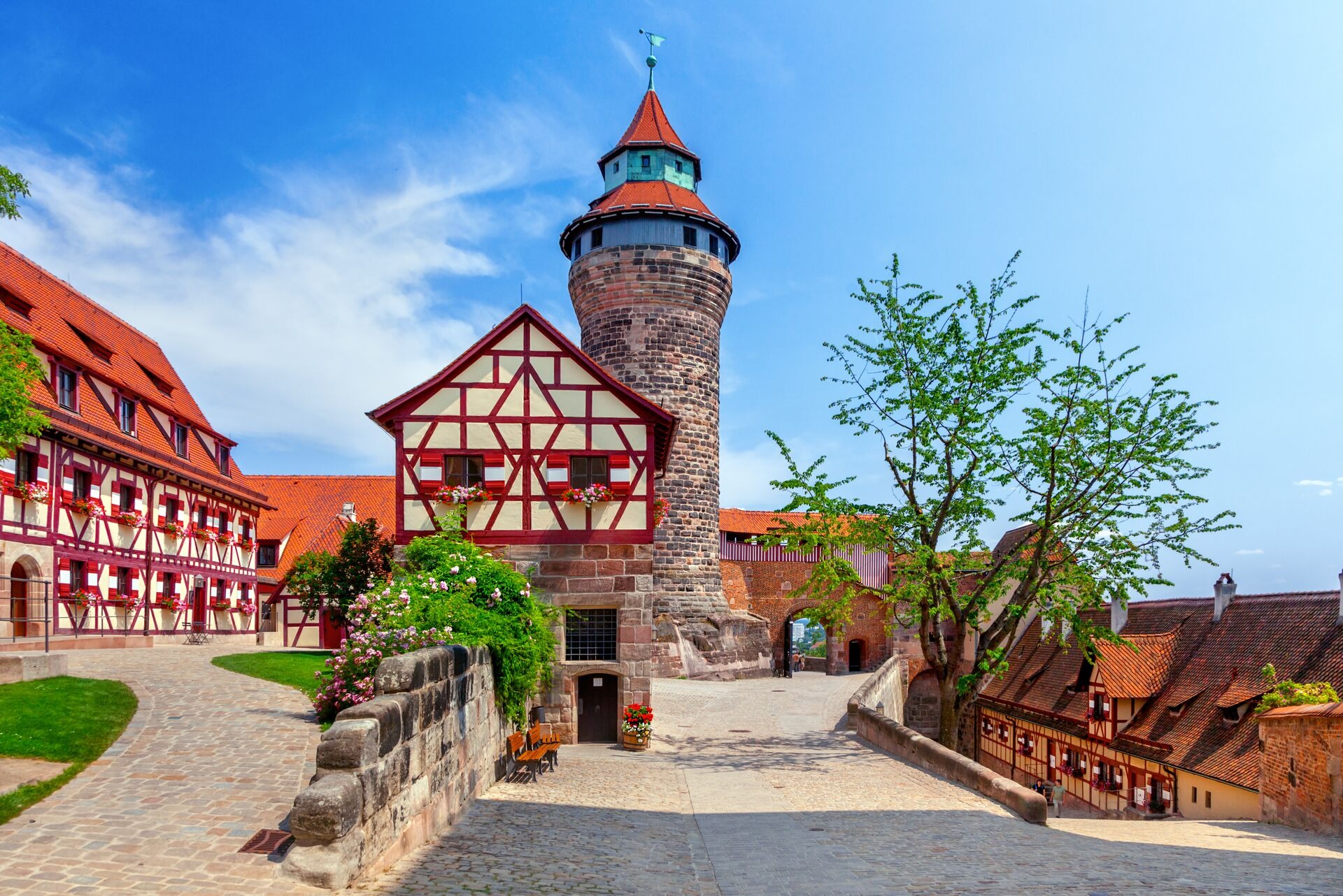 Historic Medieval Buildings Stone Tower Rothenburg Ob Der Tauber Germany