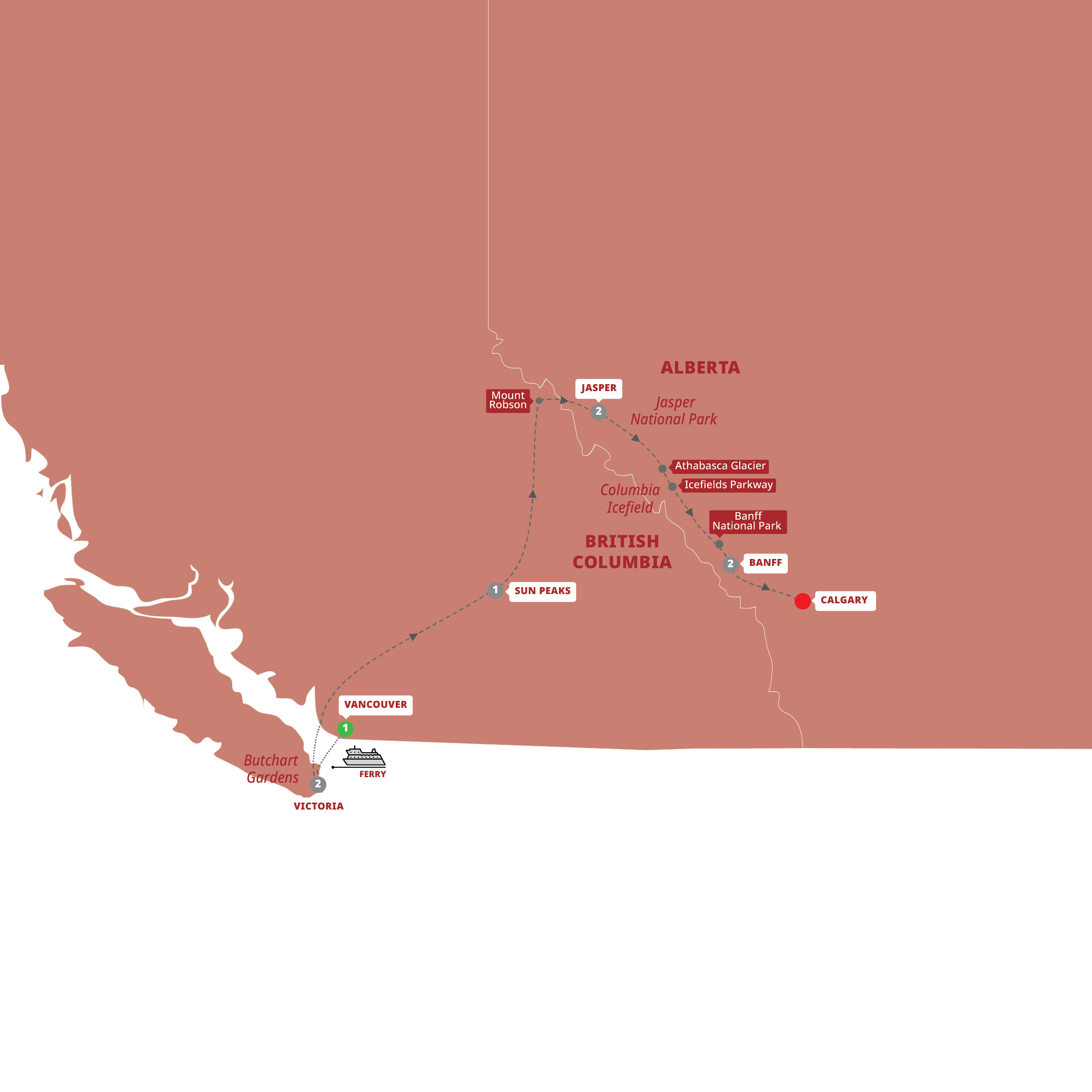 Wonders of the Canadian Rockies Guided Tour Map 2027 SWON