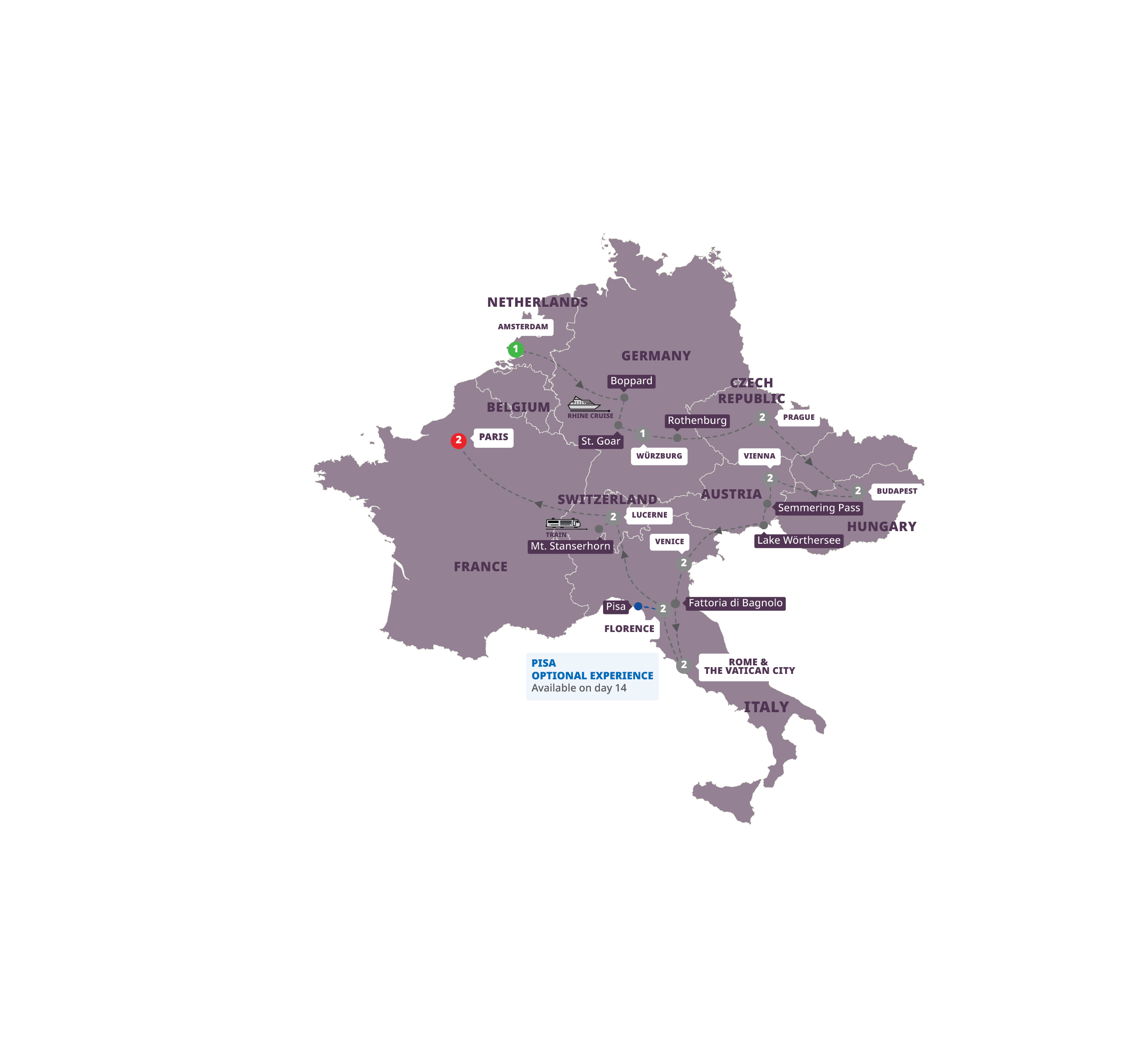 Map Romantic European Guided Tour E912 27 Amsterdam Paris