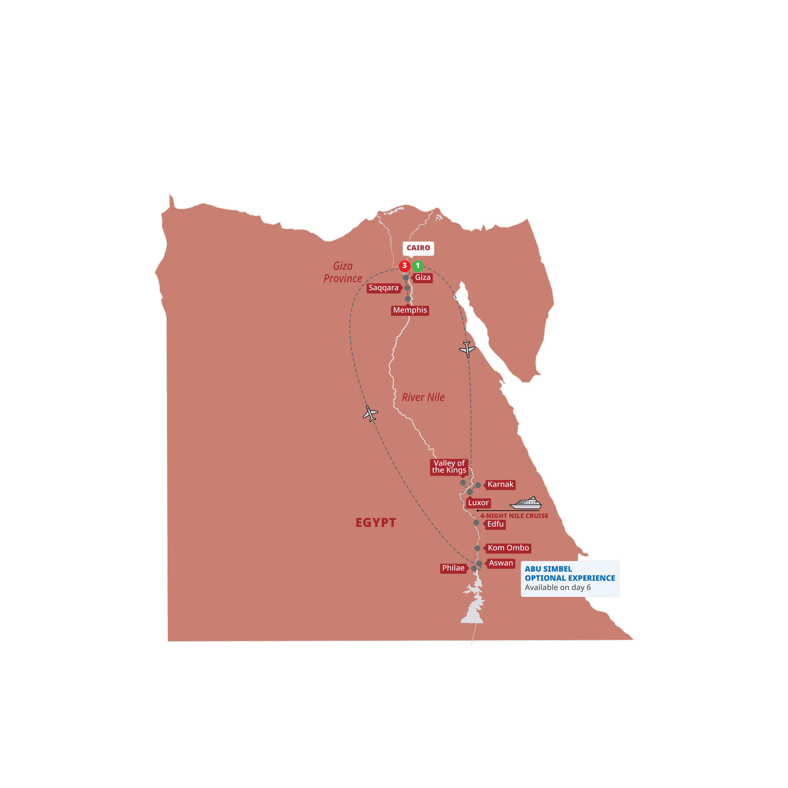 A map highlighting different stops on the Trafalgar's Best of Egypt tour