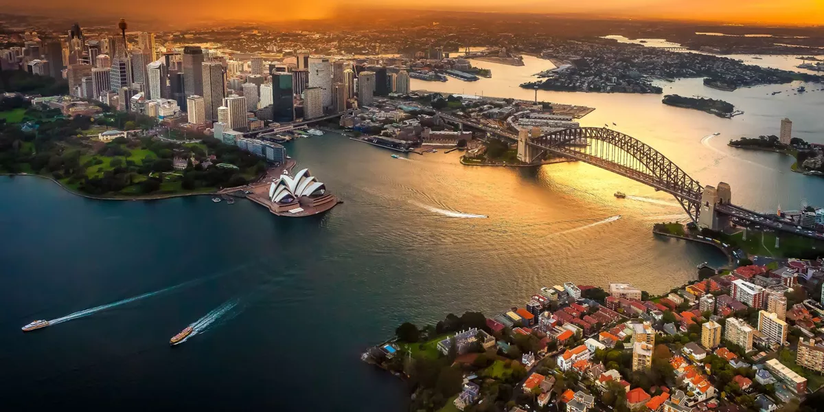Cityscape at dusk, Sydney, Australia with the Sydney Opera House and Bridge