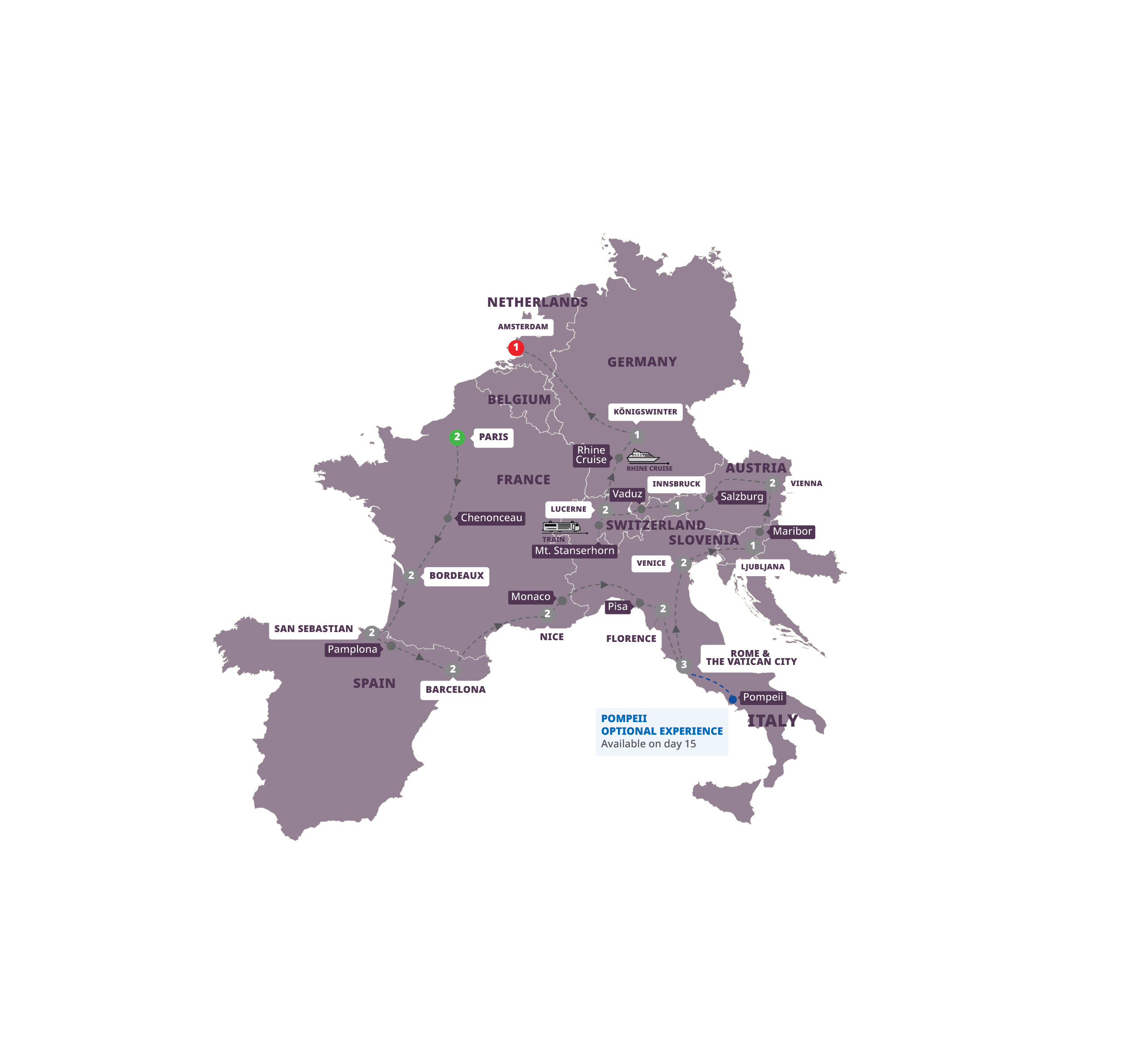 Map European Grandeur Guided Tour E915 27 Paris Amsterdam