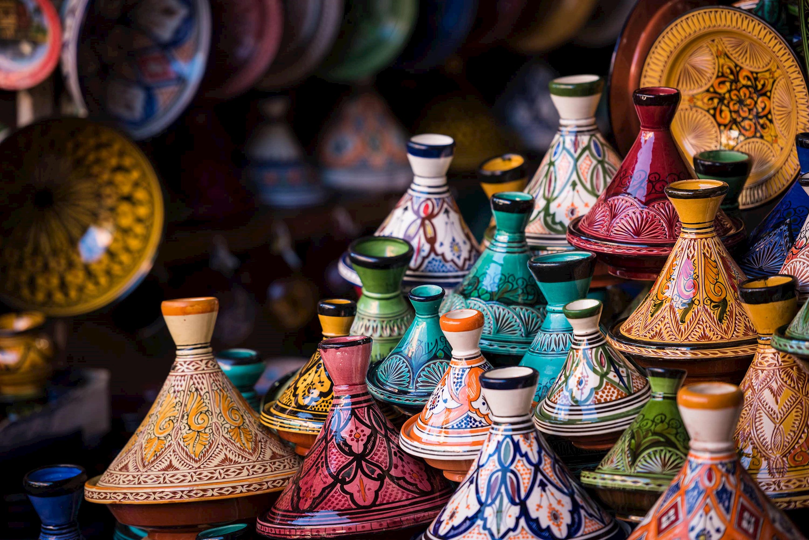 A close-up of colourful tagine pots in Morocco