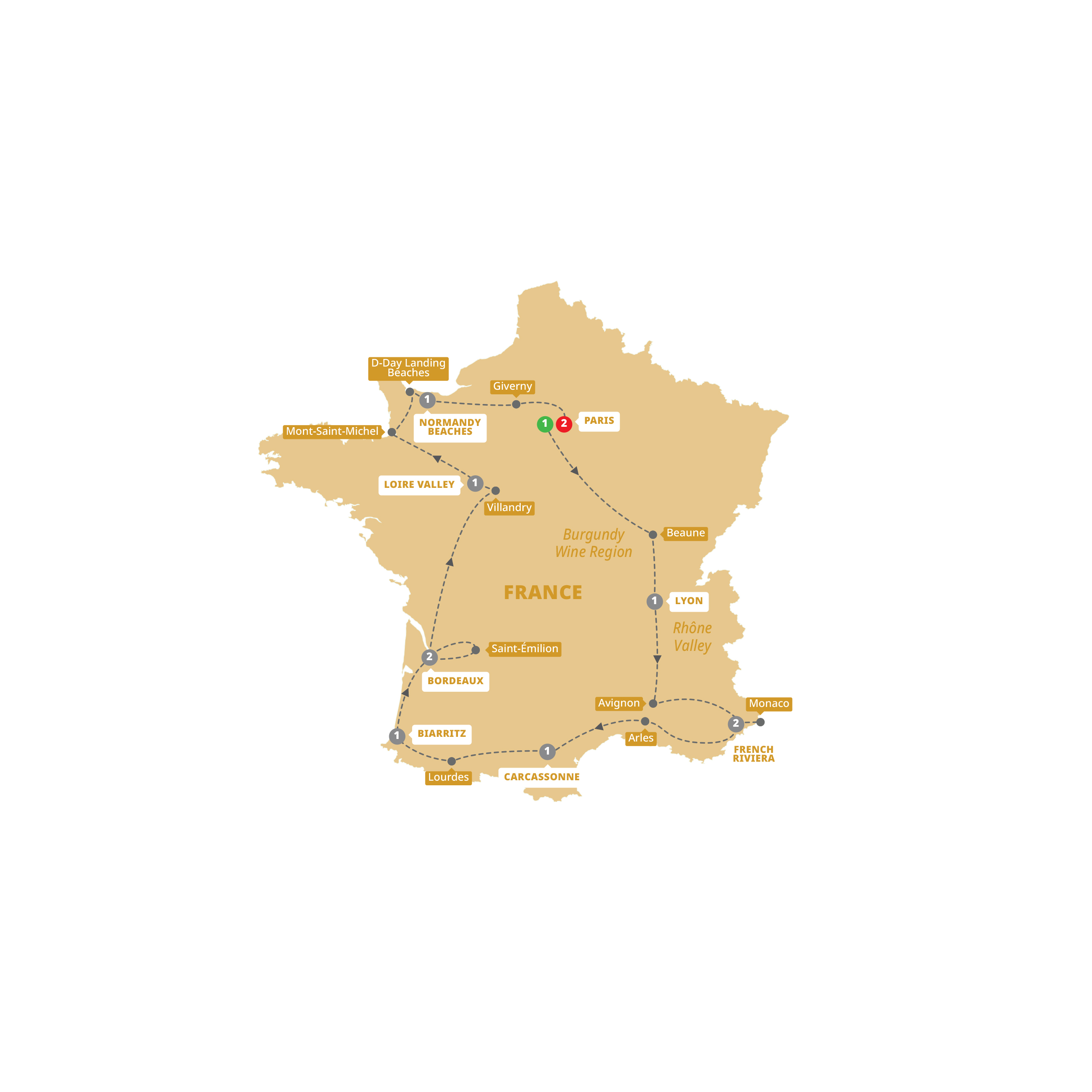 A map highlighting different stops on the Trafalgar's Best of France tour