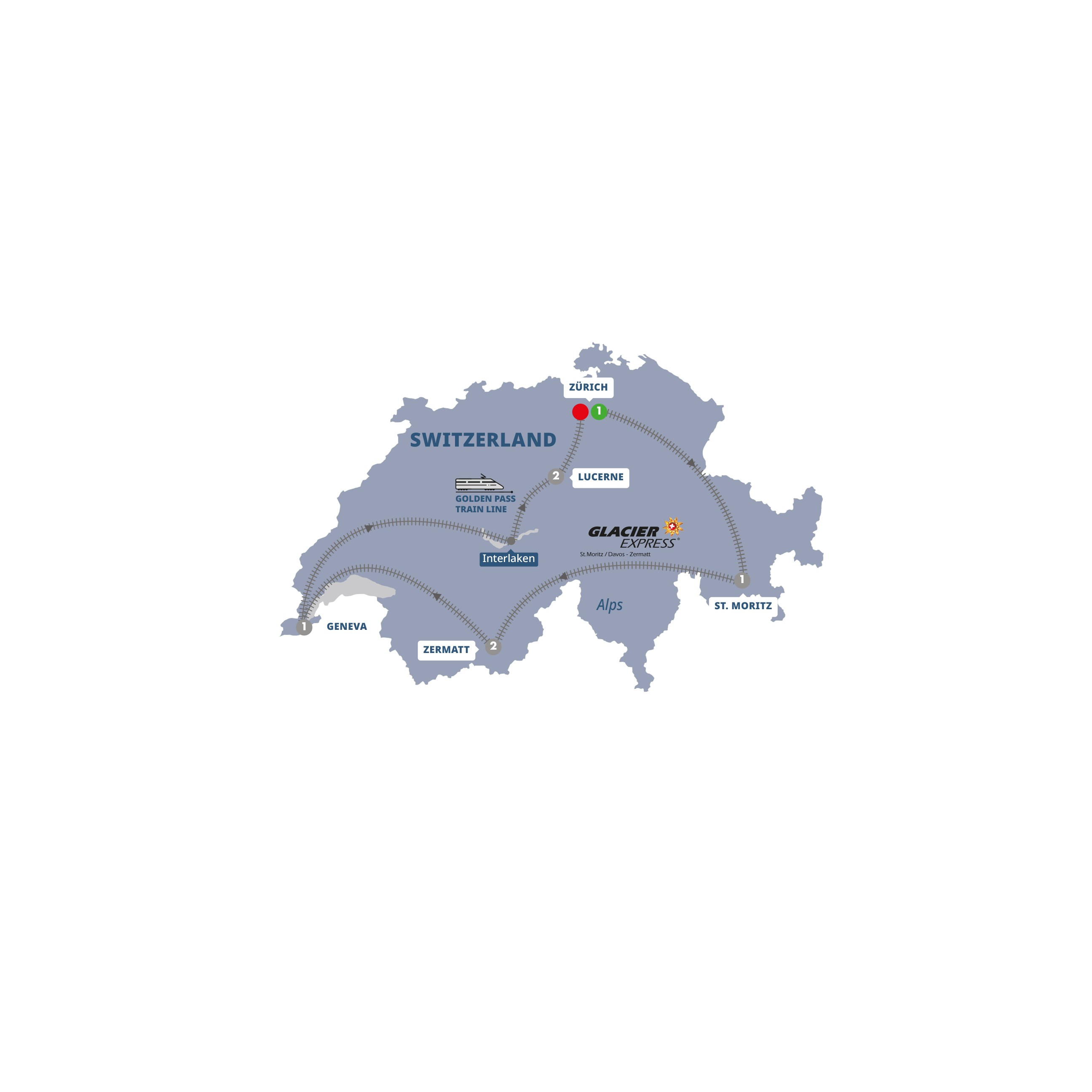 A map highlighting different stops on the Trafalgar's Contrasts of Switzerland tour